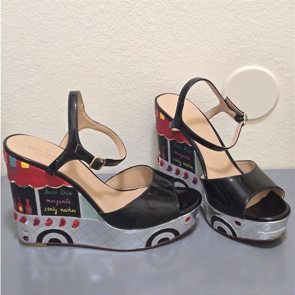 Rare Kate Spade Taco Truck Dora Wedge Shoes Platform Sandal Black 9.5